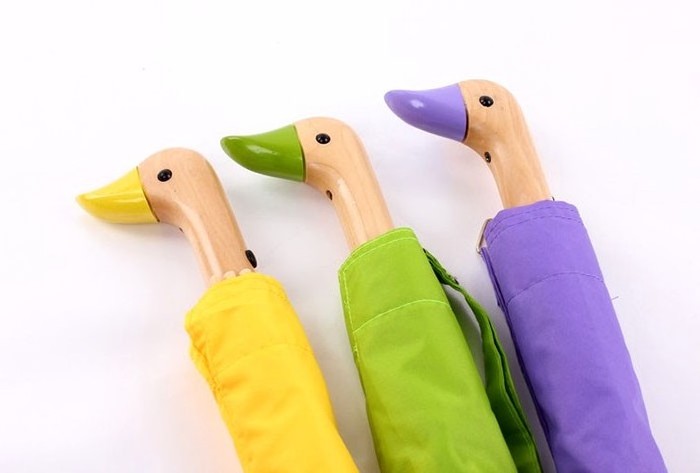 3 Fold Custom Kids Lovely Fancy Wooden Multi-color Animal Yellow Bird Duck Head Handle Umbrella