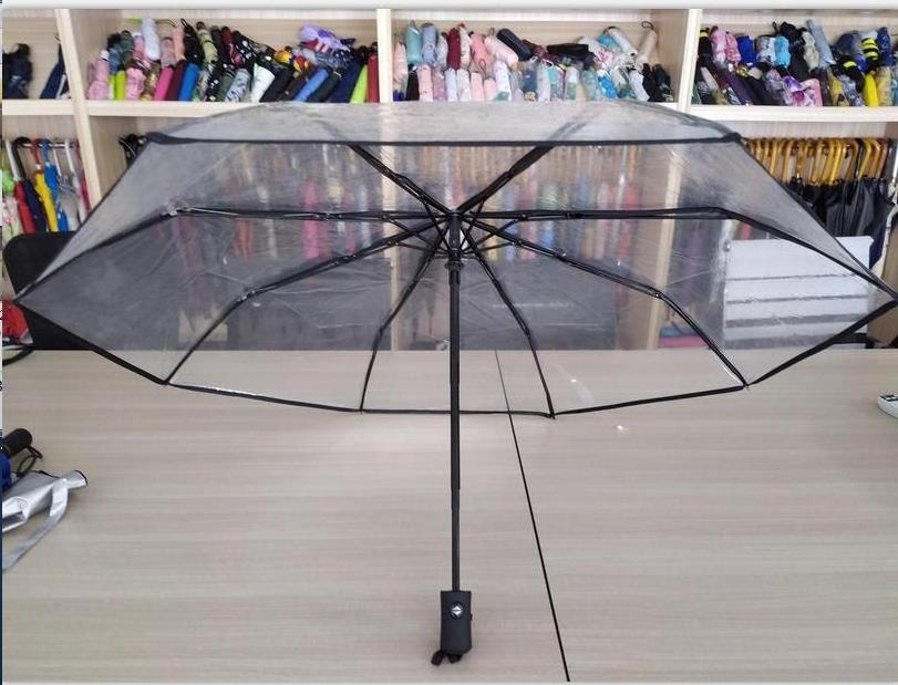 High Quality Custom Printing Pantone Color Logo Auto Open Close POE Transparent Clear Folding Umbrella