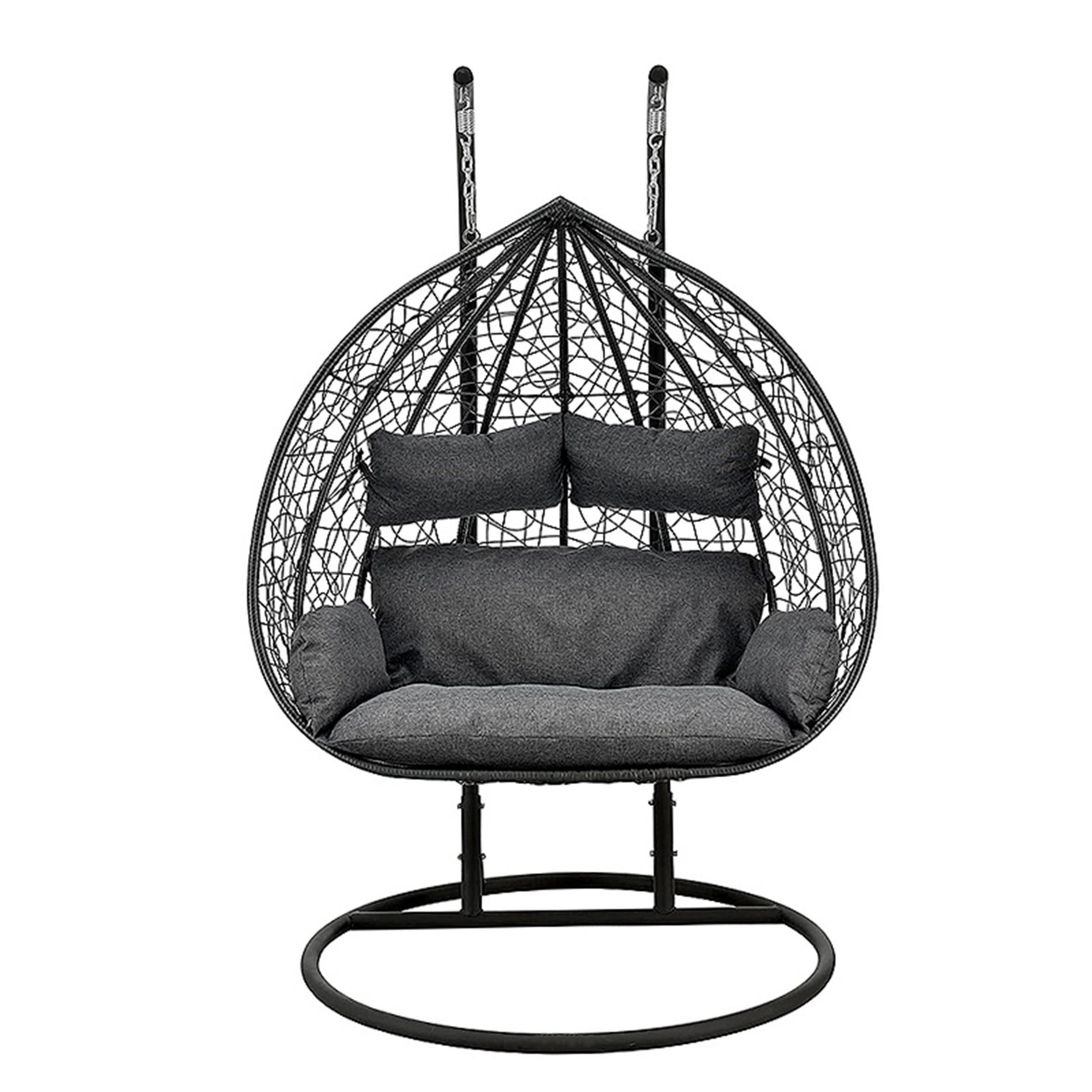 Luxurious Black Pe Rattan Weaving Steel,Power Coating Frame Waterproof Cushion Hanging Egg Chair With Stand/