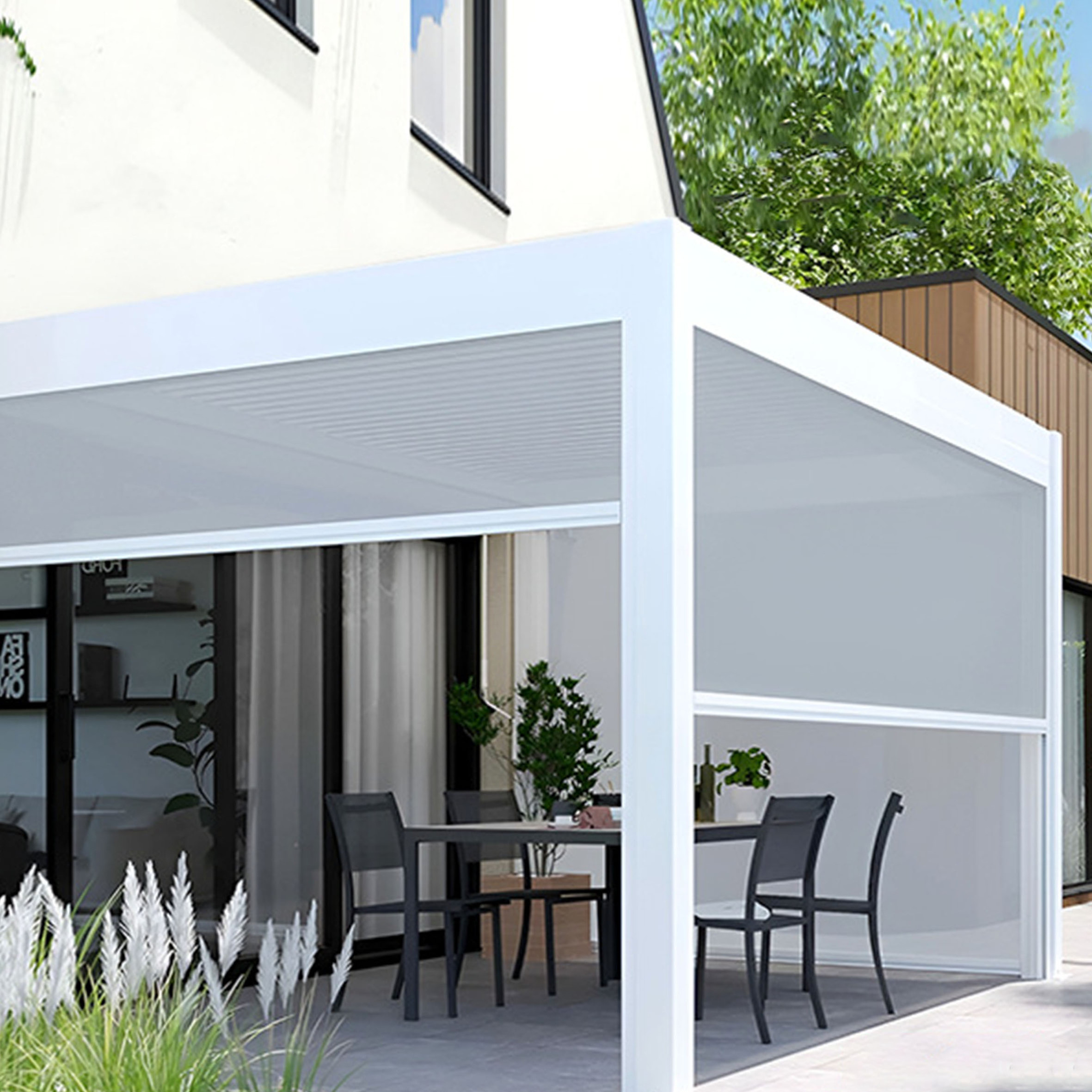 Pergola Aluminium Roof Glass Wall Mounted,Motorized Louvered Roof Open And Close Gazebos Pergola/