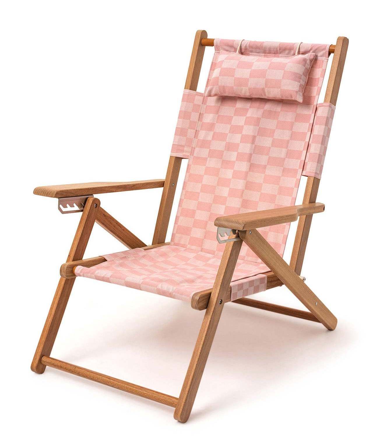 Custom Patterned Oxford Cloth Wooden Dusty Pink Check Beach Folding Portable Lounge Chairs With Pillow