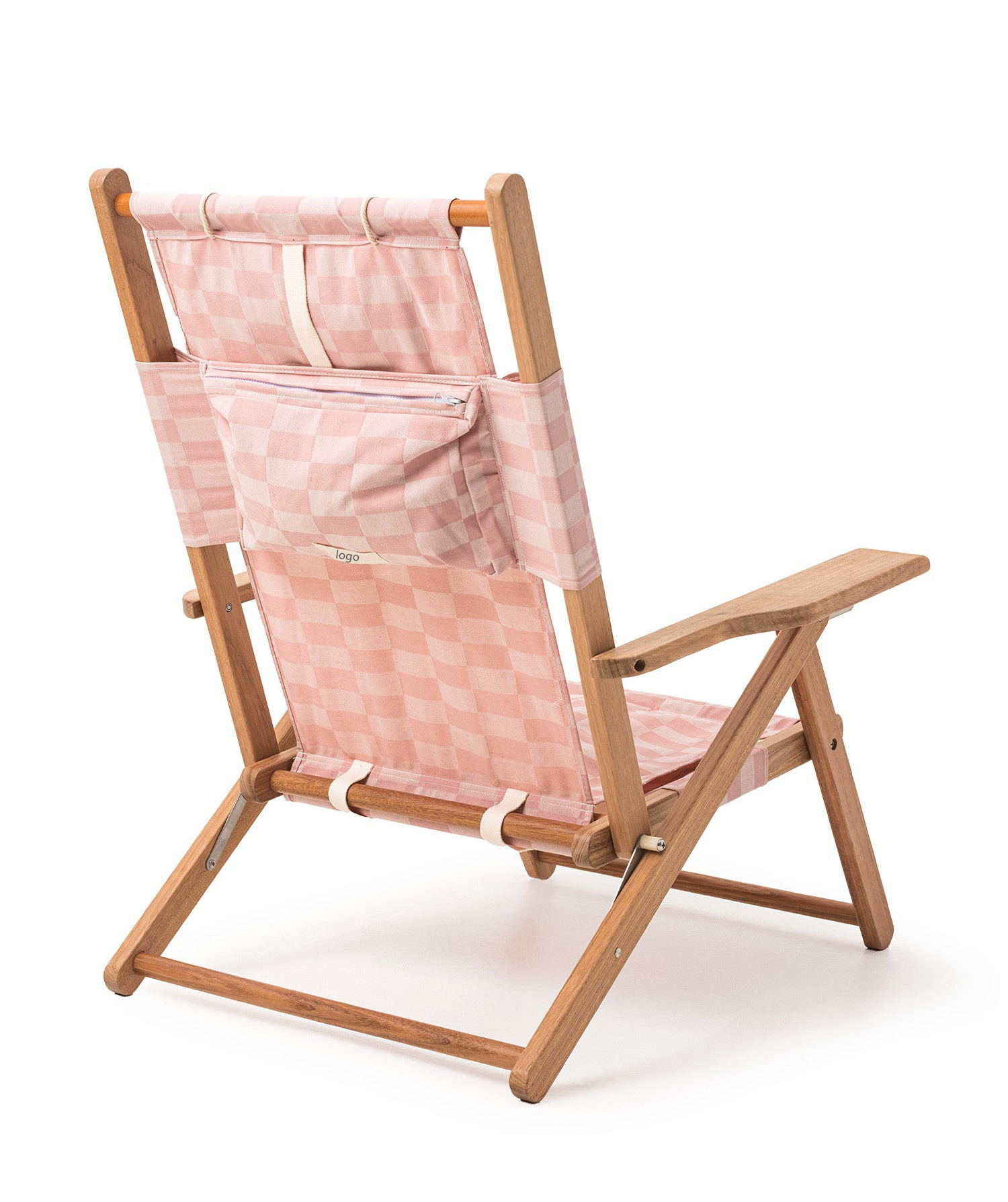 Custom Patterned Oxford Cloth Wooden Dusty Pink Check Beach Folding Portable Lounge Chairs With Pillow