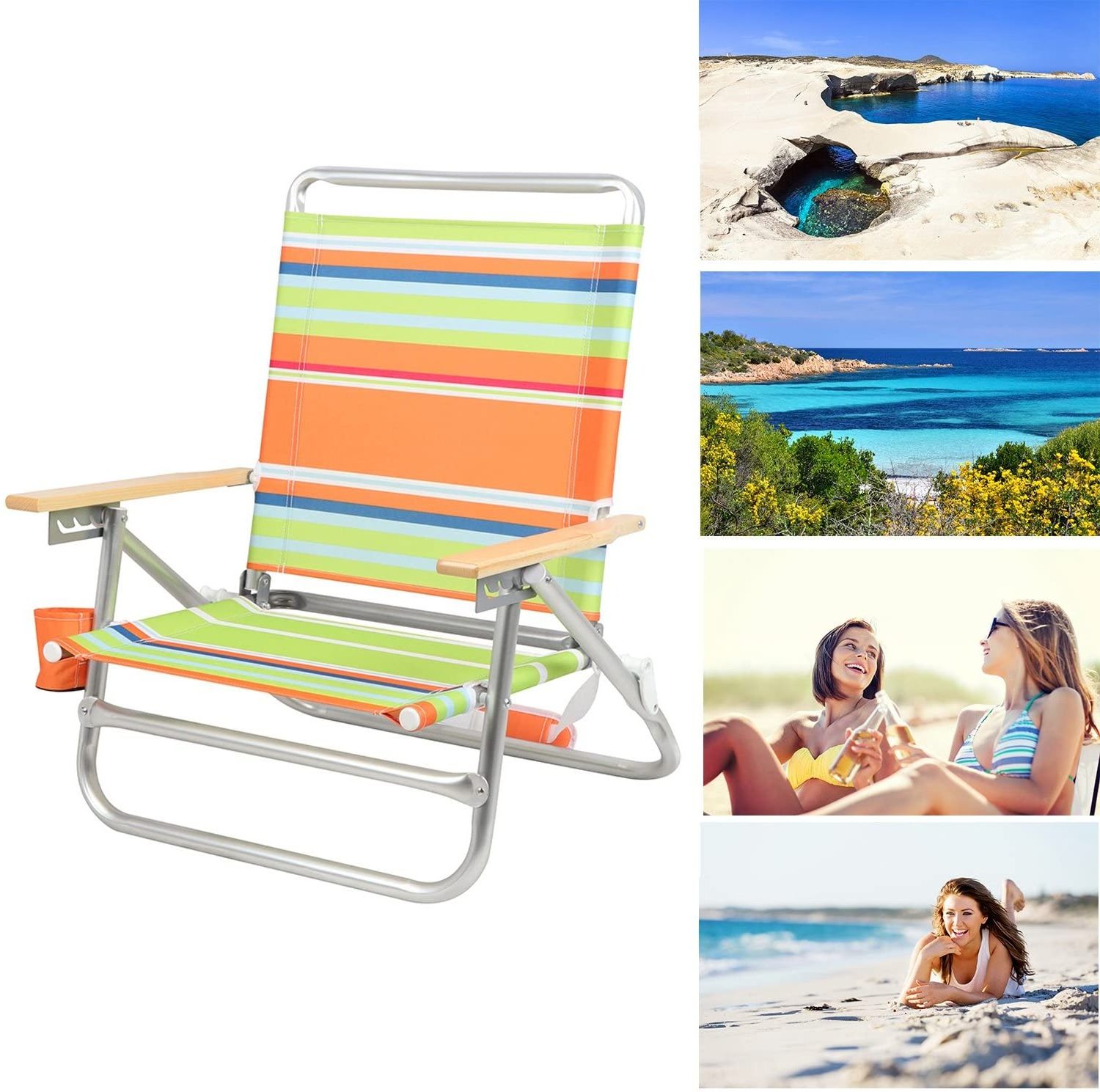 PORTAL Aluminum Lightweight 4-Way Back Folding Beach Chair Classic Wood Handle Camp Cup Holder Padded Carry Strap Chairs//