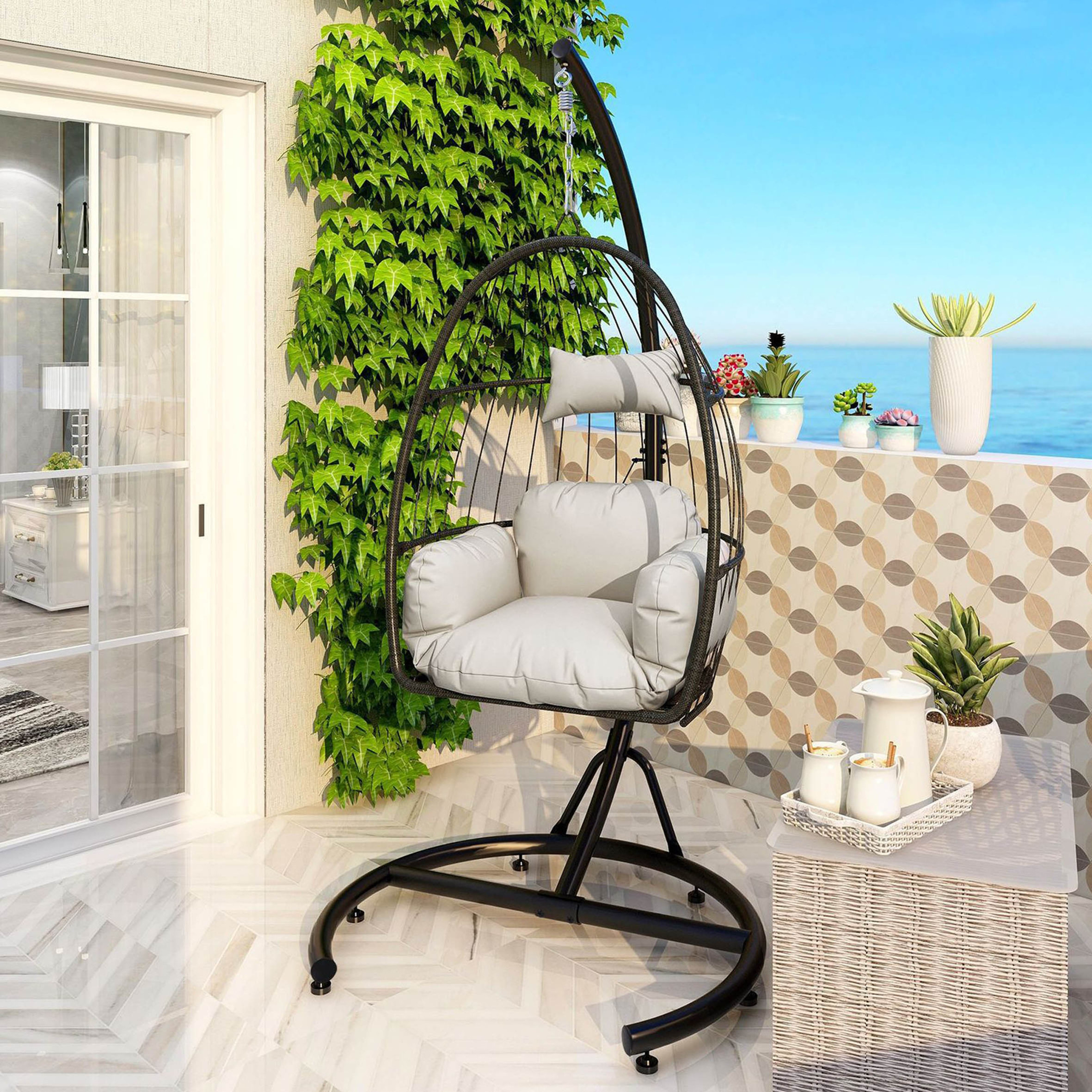 modern outdoor furniture beige white oversized patio hanging swivel,round base rattan wicker swing egg chair with stand/