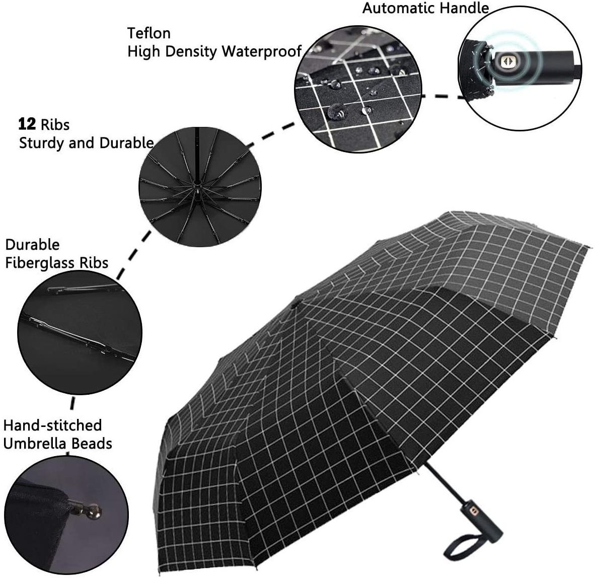 Manufactory Supply 23''12 Rids Lattice Pattern Mini Full Automatic Fold Umbrella 3 Collapsible Umbrella