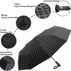 Manufactory Supply 23''12 Rids Lattice Pattern Mini Full Automatic Fold Umbrella 3 Collapsible Umbrella