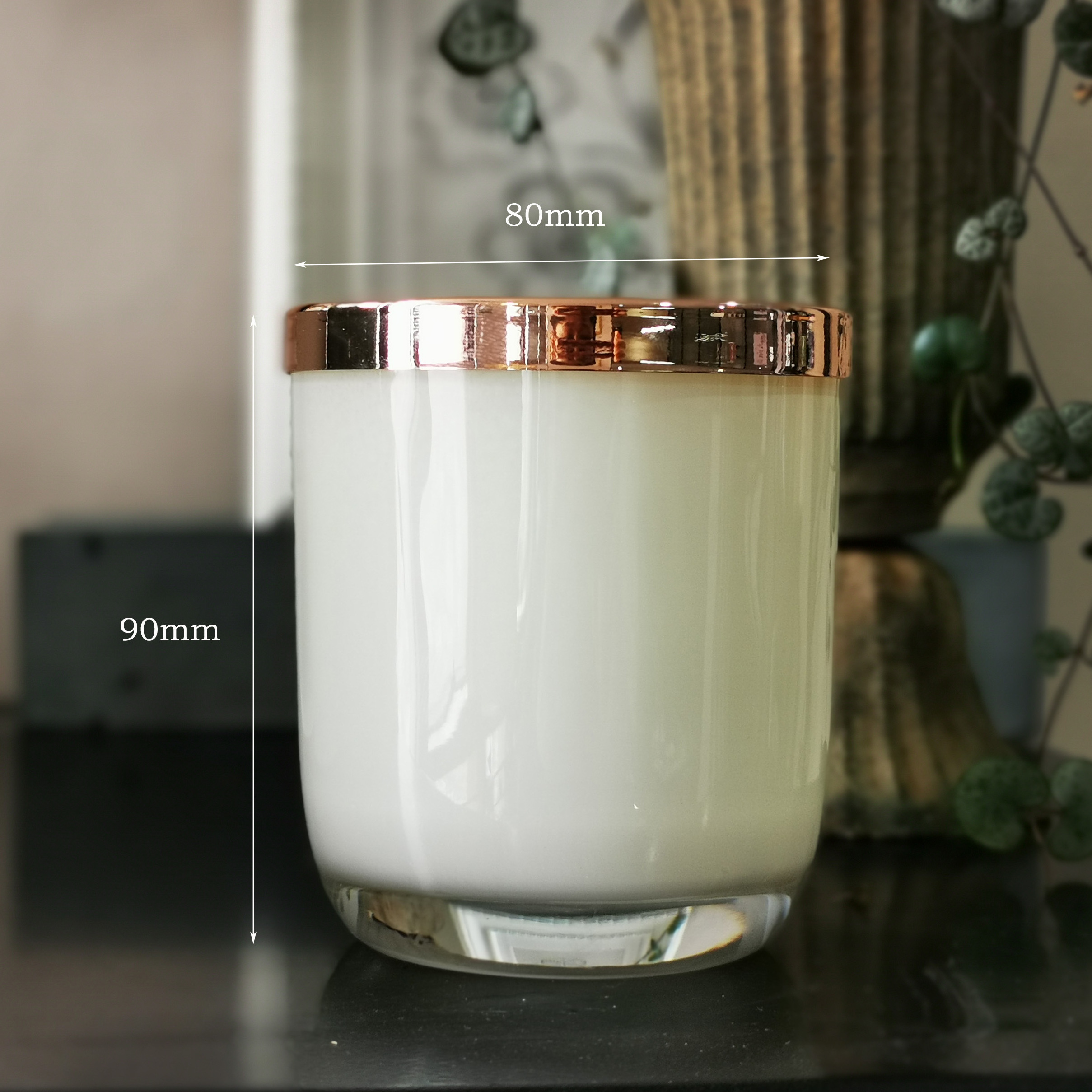 6oz 10oz 12oz Empty round bottom glossy cream white Candle jar Luxury Glass Candle With metal rose gold Lid