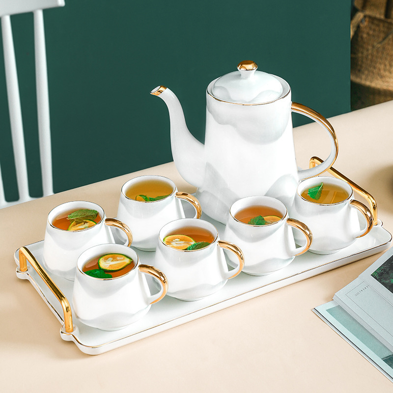 Ceramic tea set modern household living room water cup kettle with tray Afternoon tea hand-painted gold tea set