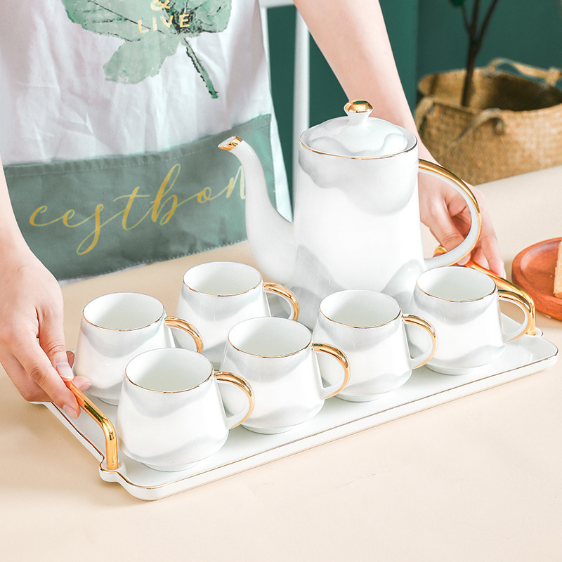 Ceramic tea set modern household living room water cup kettle with tray Afternoon tea hand-painted gold tea set