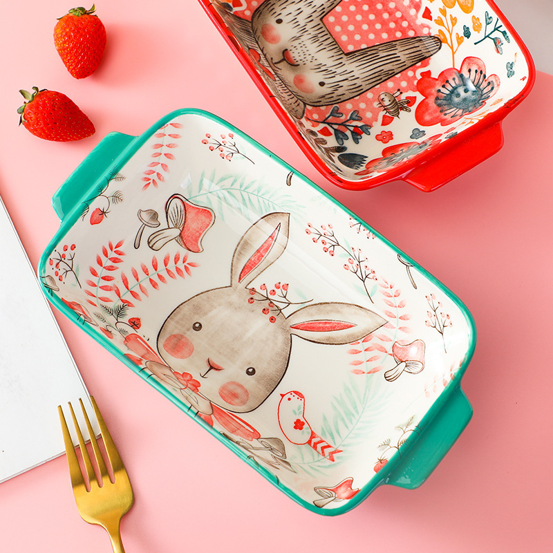 Nordic double ear Ceramic creative Golden border cheese  Western Forest cute Animals food salad microwave oven bowl baking tray