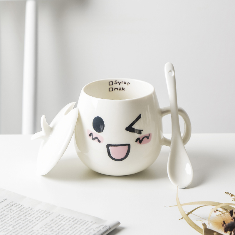 Couple cartoon ceramic female creative Japanese cute girl with lid spoon milk coffee mug