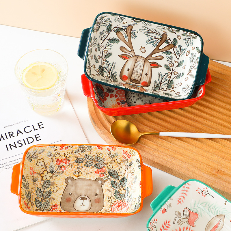 Nordic double ear Ceramic creative Golden border cheese  Western Forest cute Animals food salad microwave oven bowl baking tray