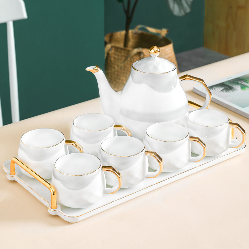 Ceramic tea set modern household living room water cup kettle with tray Afternoon tea hand-painted gold tea set