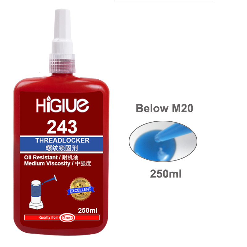 China Manufacturer screw locker, thread locking glue Blue Liquid Oil Resistance Thread locker 243 250ml