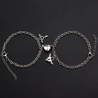 Go Party Valentine's Day Gift 2Pcs/set Simple Fashion Stainless Steel Adjustable Heart Lock And Key Magnetic Couple Bracelets