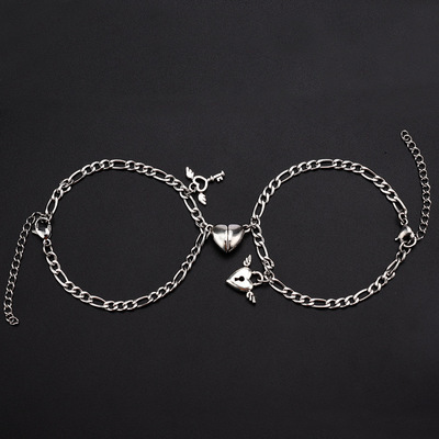 Go Party Valentine's Day Gift 2Pcs/set Simple Fashion Stainless Steel Adjustable Heart Lock And Key Magnetic Couple Bracelets