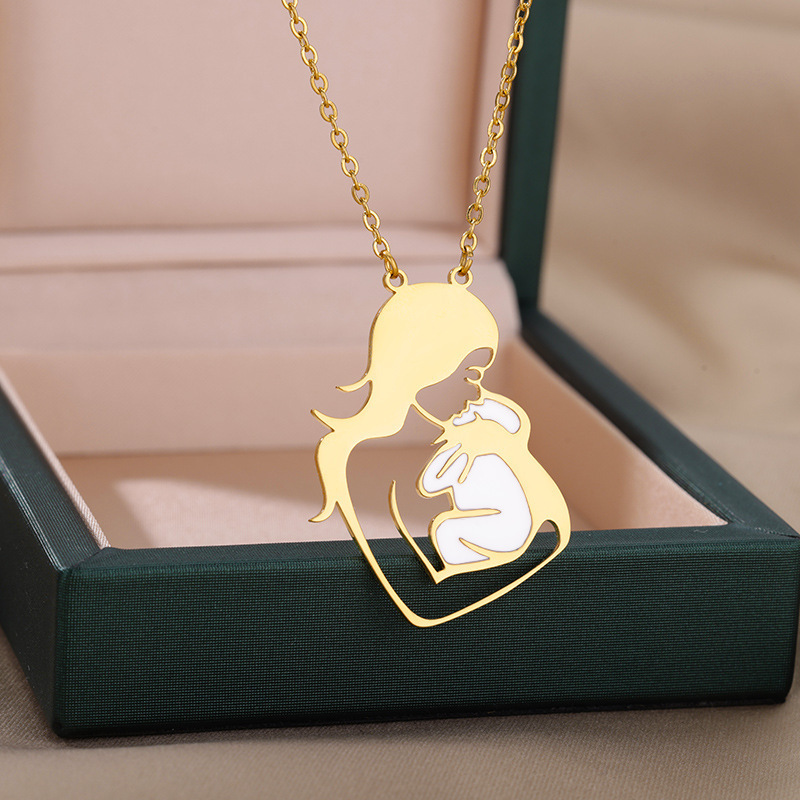 Go Party Mothers Day Gifts 18K Gold Plated Stainless Steel Jewelry Mom Baby Necklaces Heart Pregnant Pendant Necklace For Women