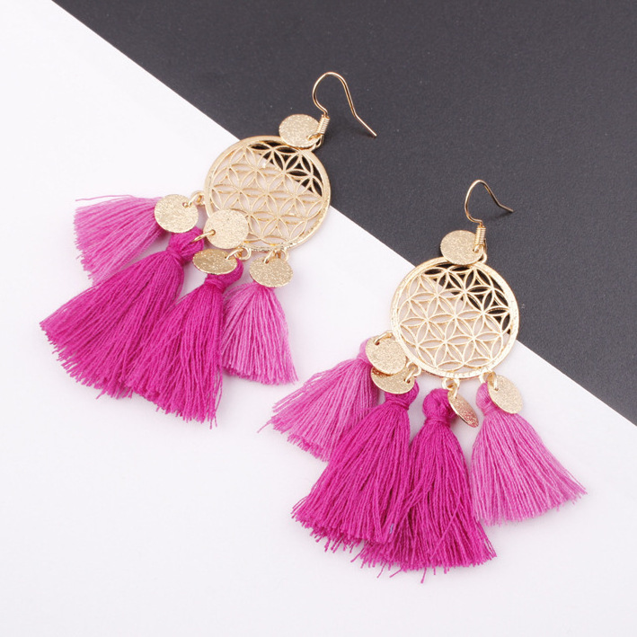 Go Party Bohemian Colorful Hollow Dreamcatcher Earrings Hook Long Tassel Disc Drop Dangle Earrings Women Ethnic Jewelry