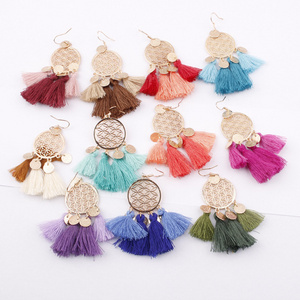 Go Party Bohemian Colorful Hollow Dreamcatcher Earrings Hook Long Tassel Disc Drop Dangle Earrings Women Ethnic Jewelry