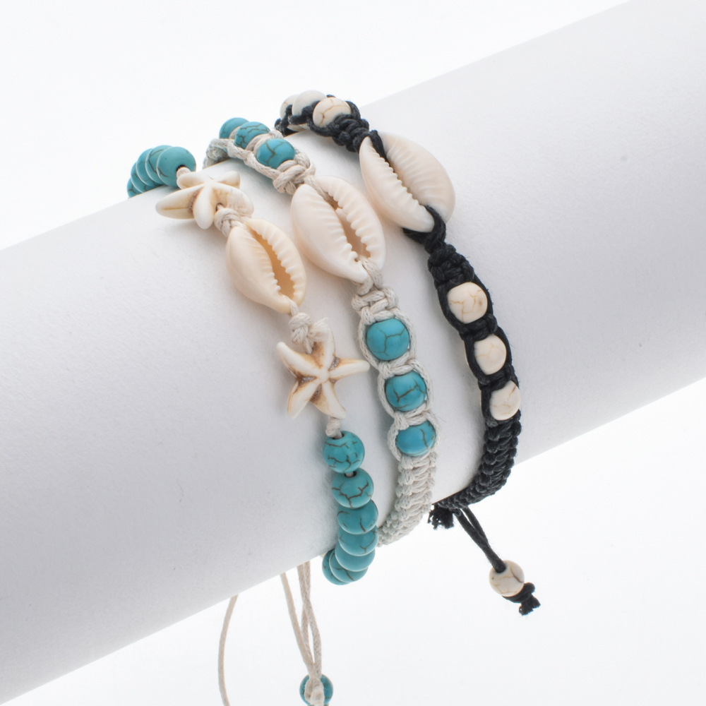 Go Party Handmade Boho Summer Beach Jewelry Natural Stone Sea Shell Turquoise Beads Braided Wax String Adjustable Bracelets