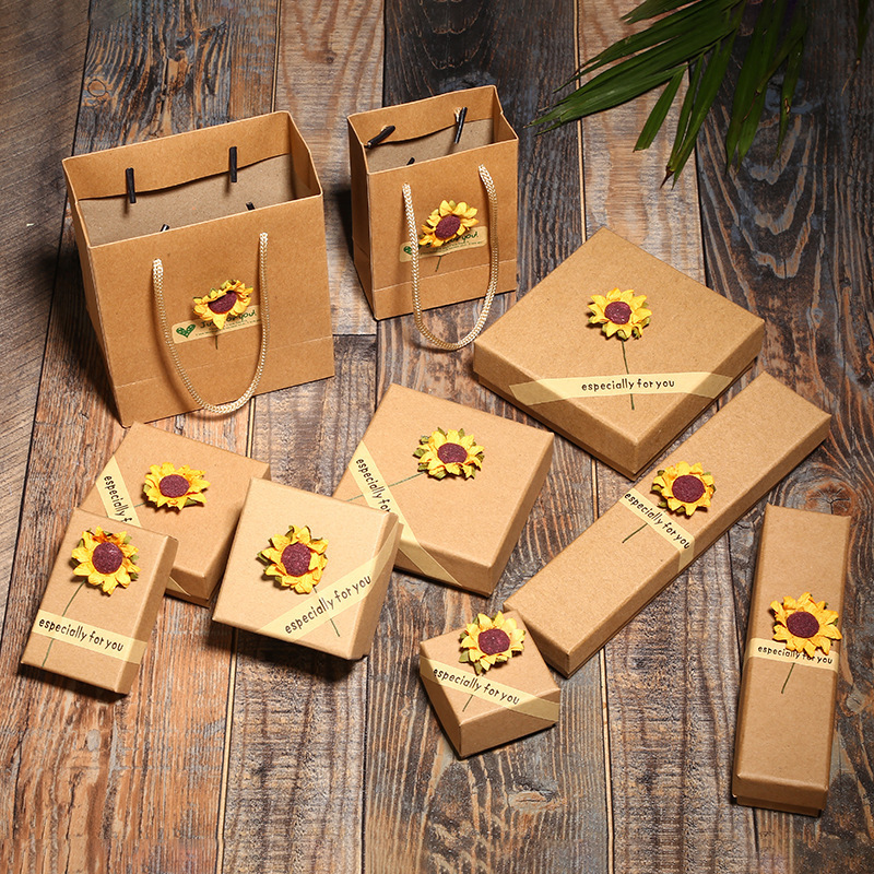 Go Party Wholesale Necklace Bracelet Rings Paper Jewelry Box Packaging Kraft Paper Bags Sunflower Print Gift Box Packaging