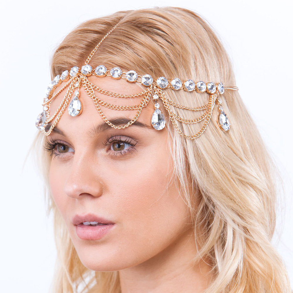 Go Party Luxury Crystal Forehead Headband Wedding Bridal Hair Chain Headpiece For Women Rhinestone Water Drop Tassel Head Wear