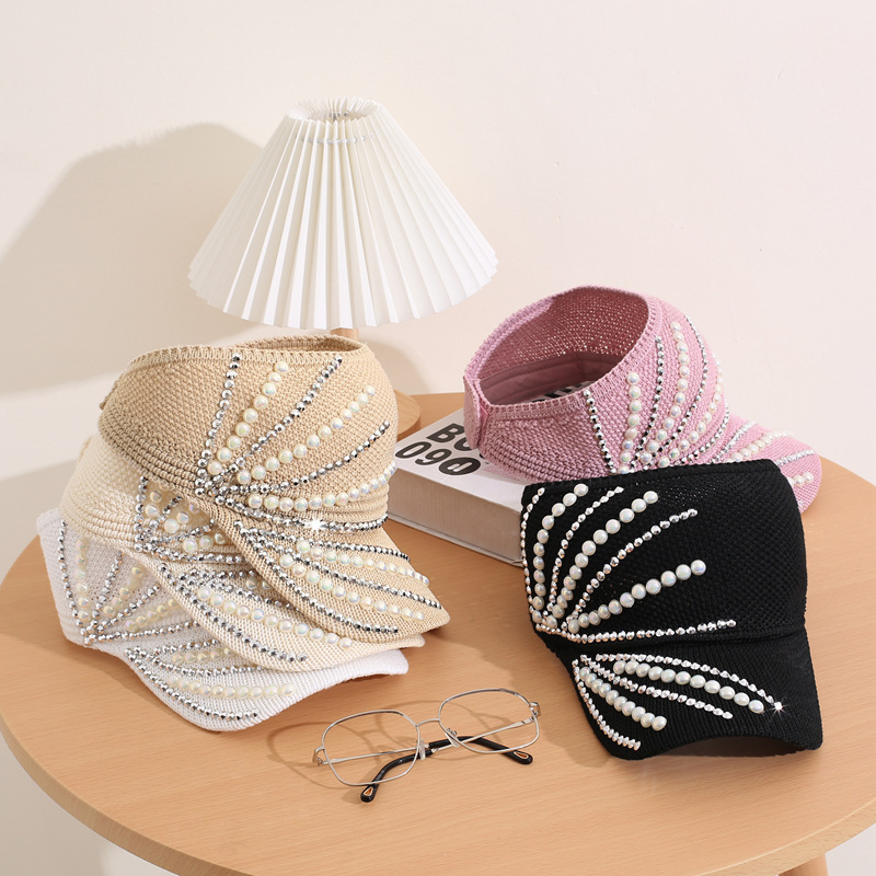 Go Party Spring Summer Outdoor Fashion Ponytail Hole Hat Polyester Pearls Rhinestone Open Top Sun Visor Sports Hats Women