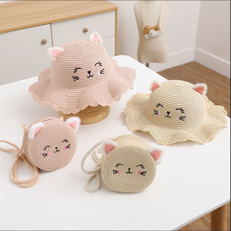 Go Party Summer Beach Outdoor Travel Children's Hat Handbag Wide Brim Straw Hats Cute Cat Sun Hats And Bag Sets for Kids Girls