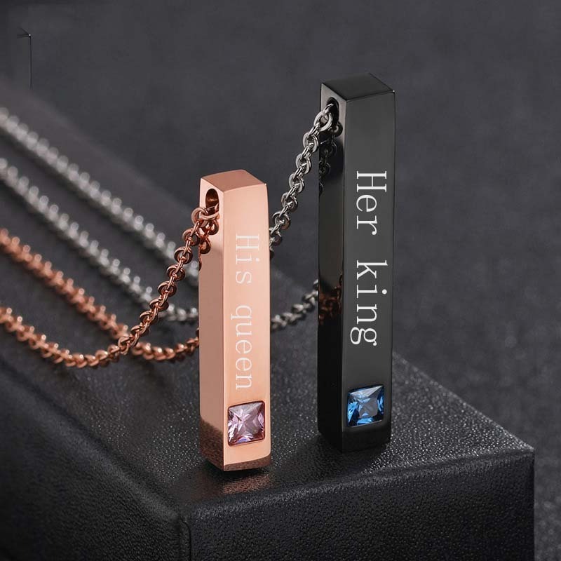 Go Party Stainless Steel Jewelry Custom Name Diamond Vertical Rectangular Bar Pendant Necklace Nameplate Engrave Couple Necklace