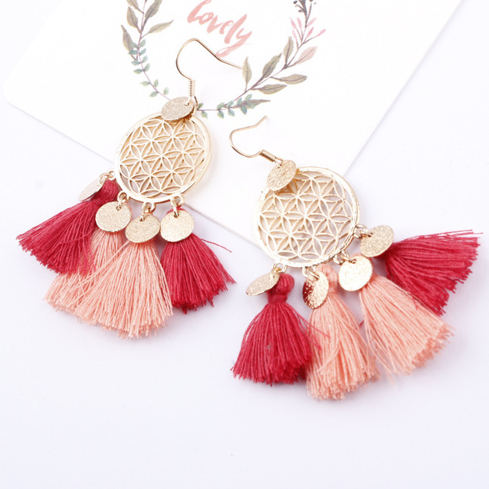 Go Party Bohemian Colorful Hollow Dreamcatcher Earrings Hook Long Tassel Disc Drop Dangle Earrings Women Ethnic Jewelry