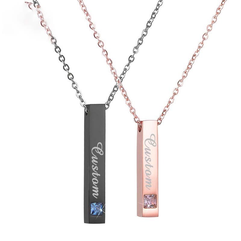 Go Party Stainless Steel Jewelry Custom Name Diamond Vertical Rectangular Bar Pendant Necklace Nameplate Engrave Couple Necklace