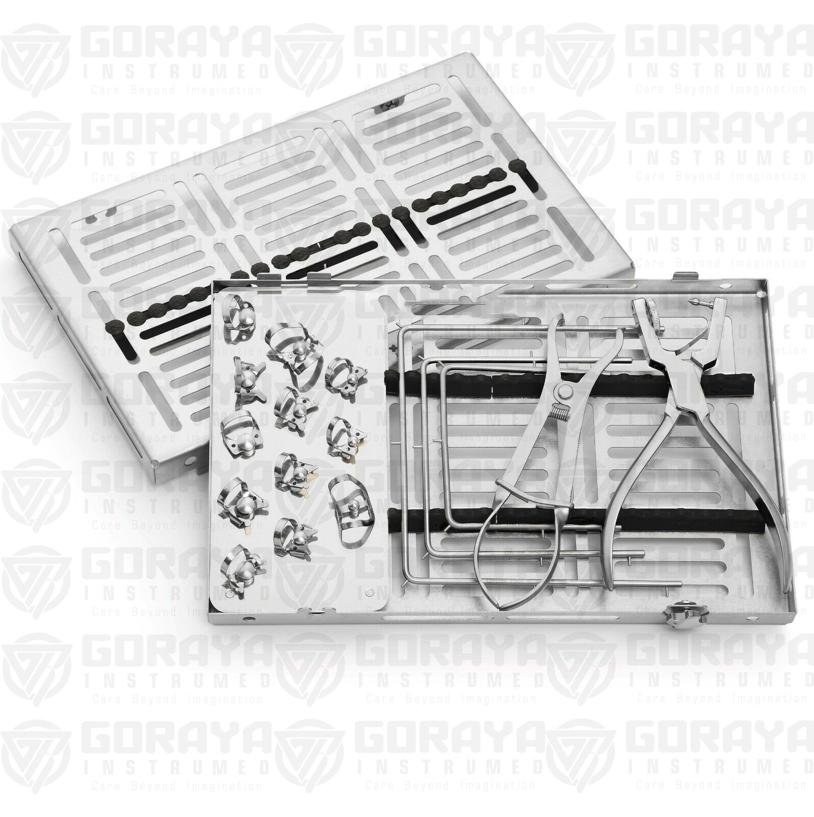 HOT SALE GORAYA GERMAN ENDODONTIC RUBBER DAM KIT, 18 UNITS DENTAL RUBBER DAM PLIER & CLAMPS TRAY ISO CE APPROVED