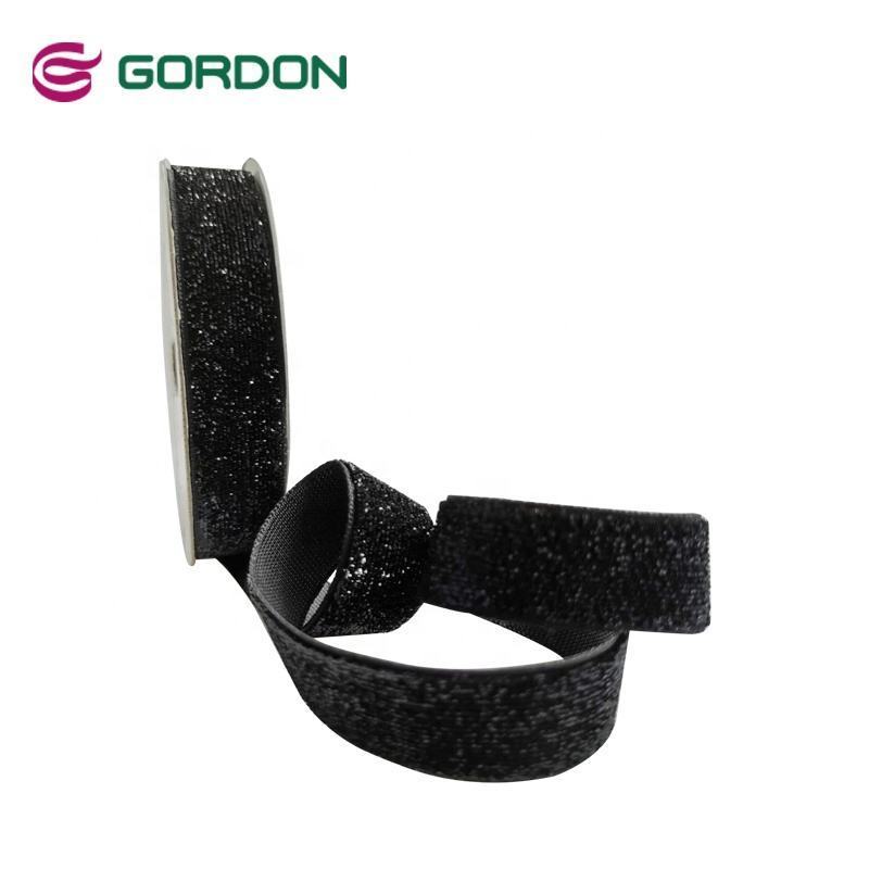 Gordon Ribbons Solid Color 16mm 5/8inch None Stretch Black Glitter Single Face Velvet For Christmas Decoration