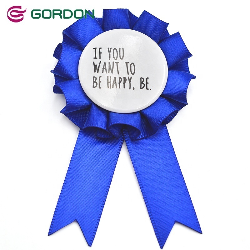 Gordon Ribbons Custom Satin Ribbon Badge Winner Victory Award Ribbon Rosette With Printed Metal