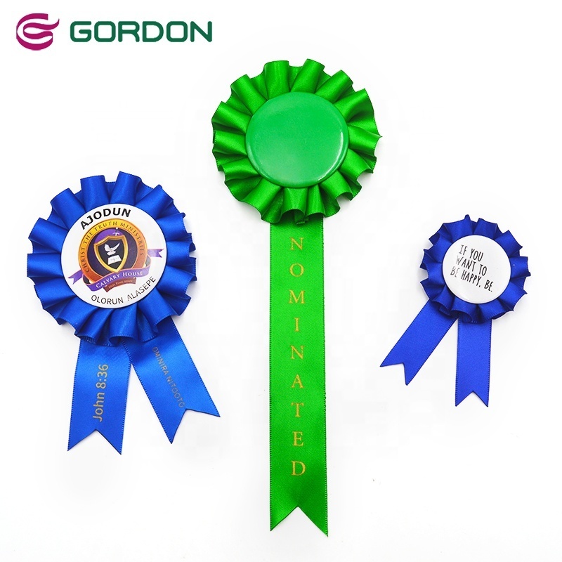 Gordon Ribbons Custom Satin Ribbon Badge Winner Victory Award Ribbon Rosette With Printed Metal