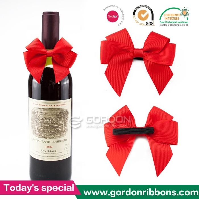 Gordon Ribbons Red Pre Tied Satin Ribbon Bow With Elastic Band For Wine Bottle Neck Decoration Gift Box Packing