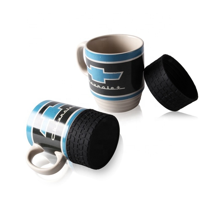 16OZ ceramic mug with tyre silicone base gift coffee mug tyre shape  for ceramic car mugs with customized design wholesale