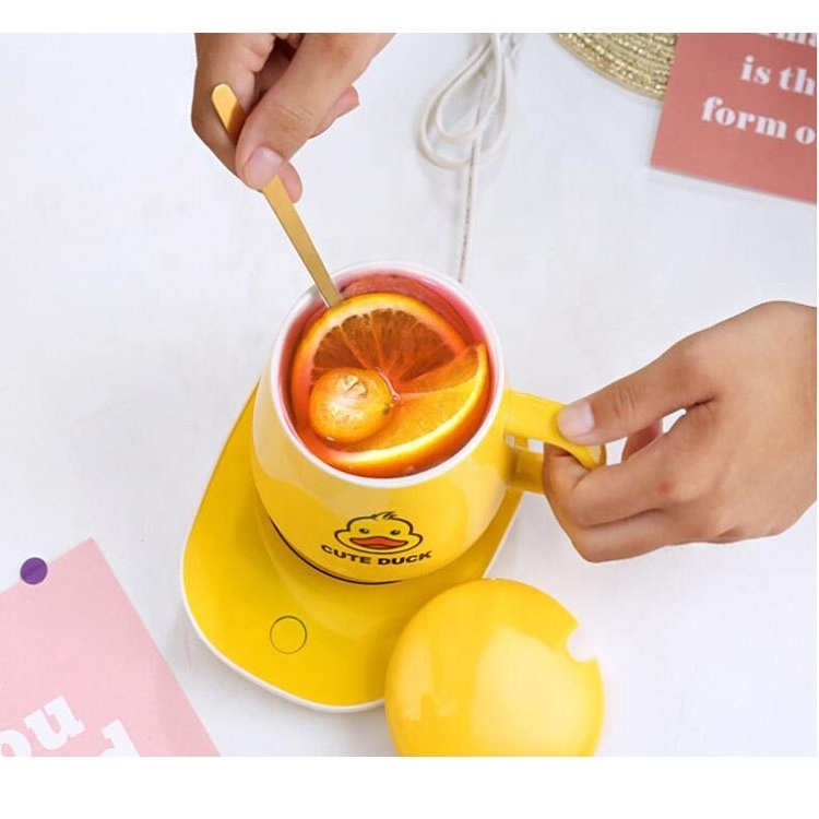 Custom Logo yellow duck  Smart Heating Pad Temperature Control 55 Degree Ceramic Heated Coffee Mug Electric Charging Cup Warmer