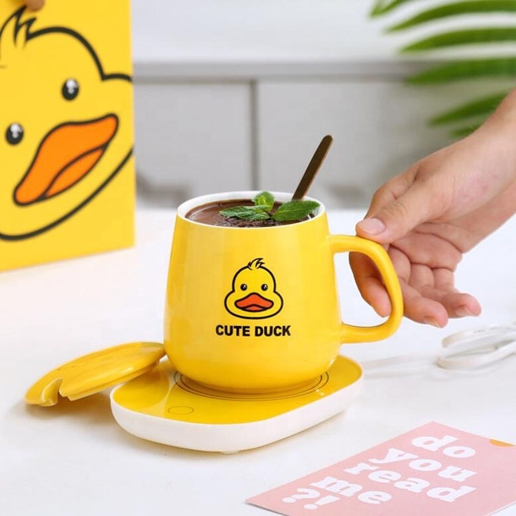 Custom Logo yellow duck  Smart Heating Pad Temperature Control 55 Degree Ceramic Heated Coffee Mug Electric Charging Cup Warmer