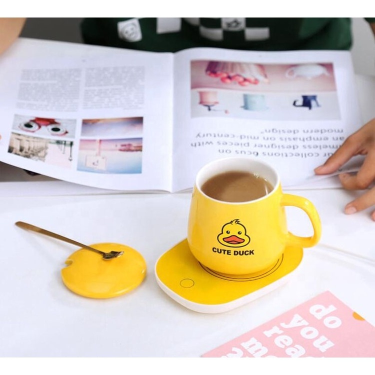 Custom Logo yellow duck  Smart Heating Pad Temperature Control 55 Degree Ceramic Heated Coffee Mug Electric Charging Cup Warmer