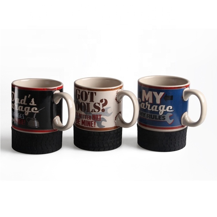 16OZ ceramic mug with tyre silicone base gift coffee mug tyre shape  for ceramic car mugs with customized design wholesale