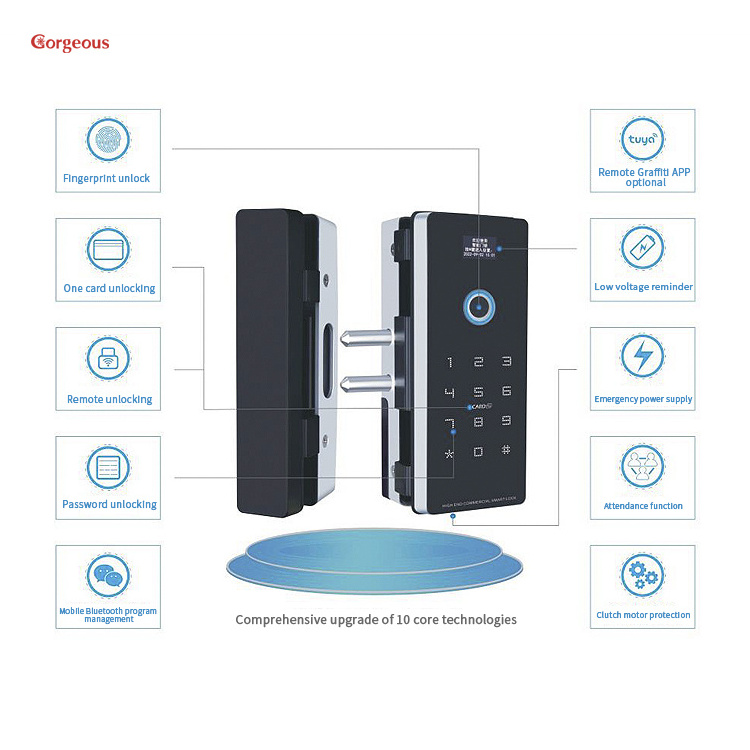 zinc sliding digital password finger biometric frameless keyless smart bluetooth glass door lock