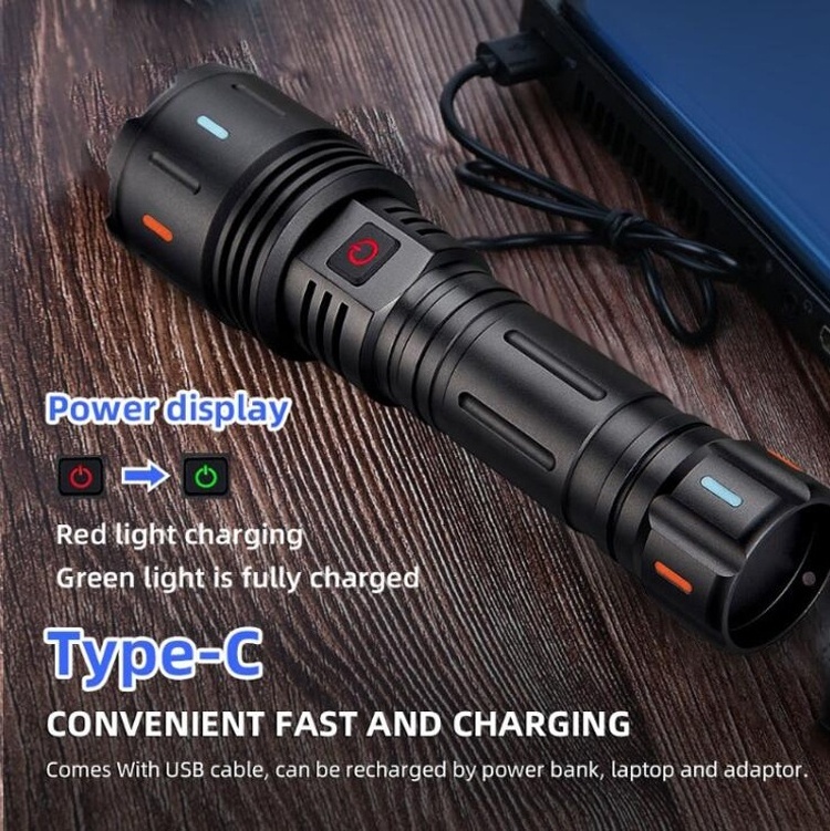 Zoom Rechargeable Tactical Throwing Torch Light Silver LEP Distance Long Range XHP160 XHP360 Super Bright LED Flashlight