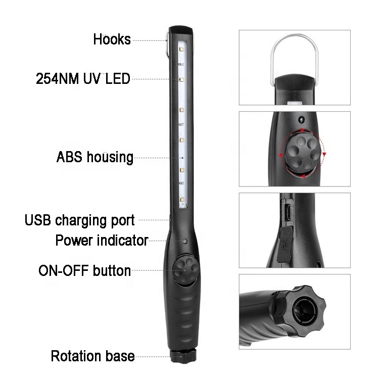 Handheld Rechargeable UV Disinfection Light 6 UVC LED Portable Sterilizing Lamp