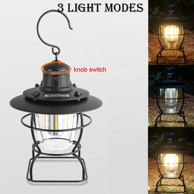 Metal Hanging Hook Tent Indoor Outdoor Home Decor Lamp Warm White Light Retro Hurricane Lamp Knob Dimming LED Camping Lantern