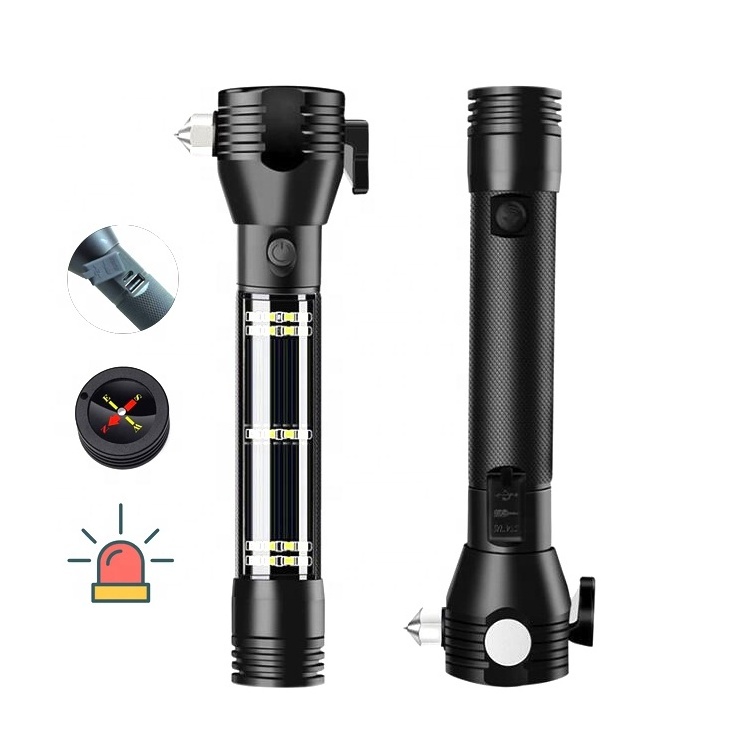 Security Warning Alarm Buzzer Loudspeaker Torch Light Car Window Hammer Emergency Tool Camping Rechargeable Solar Flashlight