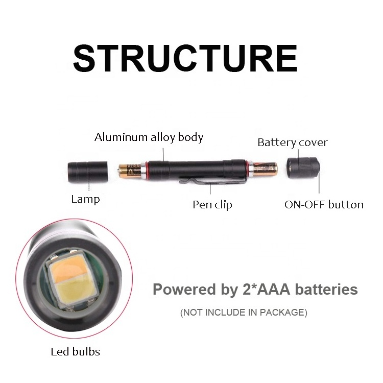 Pocket Clip White And Yellow LED Pen Torch Light AAA Battery Medical Flashlight