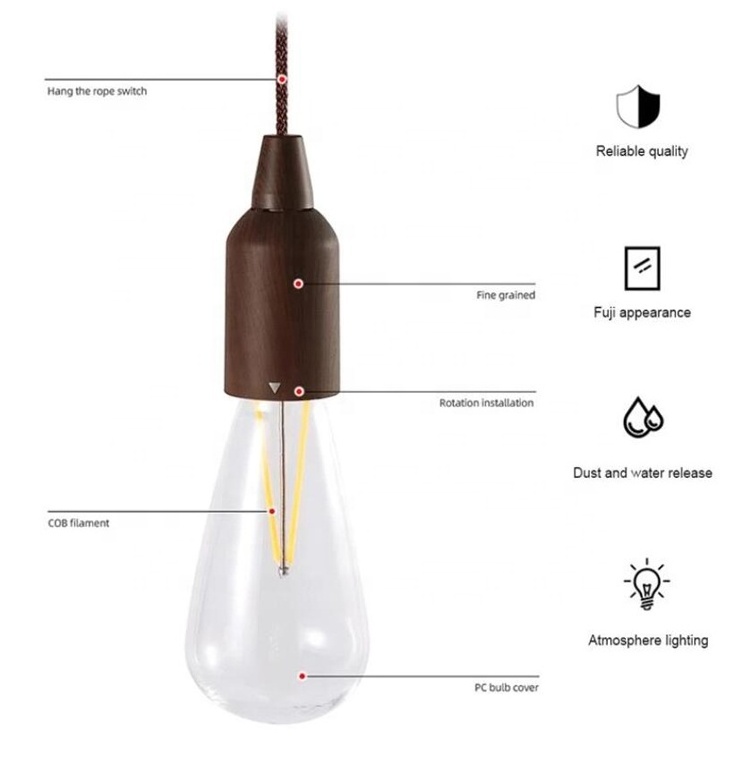 Retro Wooden Night Light Portable Tent Lamp Room Decoration Hanging Lantern Rechargeable Pull Cord Bulb Cob Led Camping Lighting