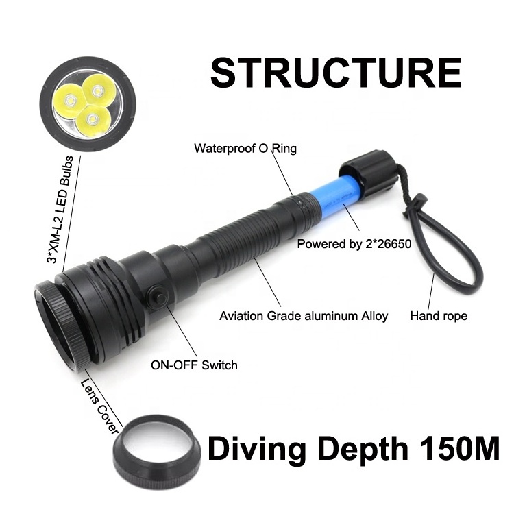 26650 Battery Power Professional Cave Snorkeling Dive Torch Hand Light Scuba 3 Led Diving Flashlight