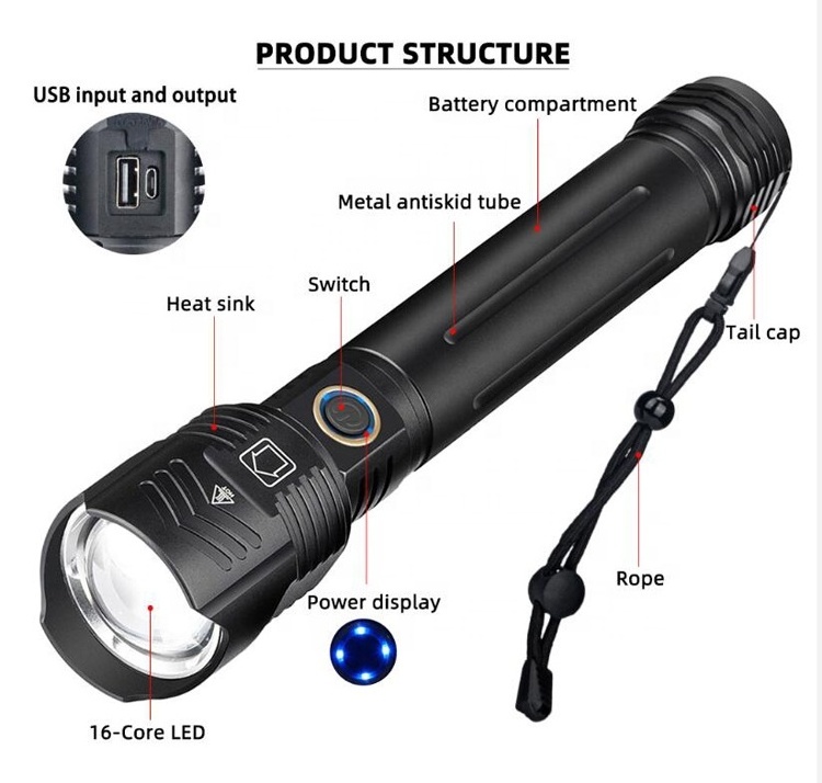 Waterproof Farming Work Long Distance Rechargeable Tactical Torch Light Zoom Brightest XHP160.5 XHP160 16 Core Led Flashlight